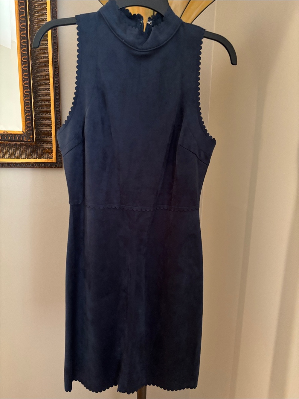 Sleeveless Navy Scallop-Trim Mock Neck Dress